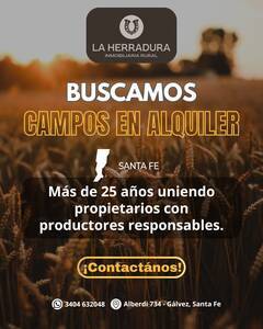 Atención propietarios. Buscamos campos en alquiler. Pcia Santa Fe